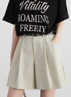 CV大码女装 2026夏季新款简约宽松亚麻休闲短裤a字褶皱西装裤胖mm