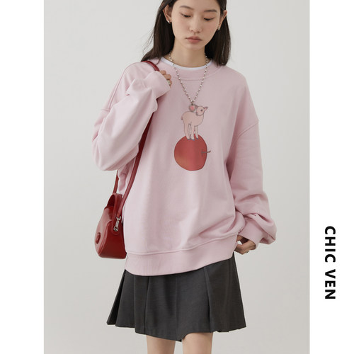 CV大码女装 2025秋季新款原创插画设计休闲圆领苹果小羊印花卫衣