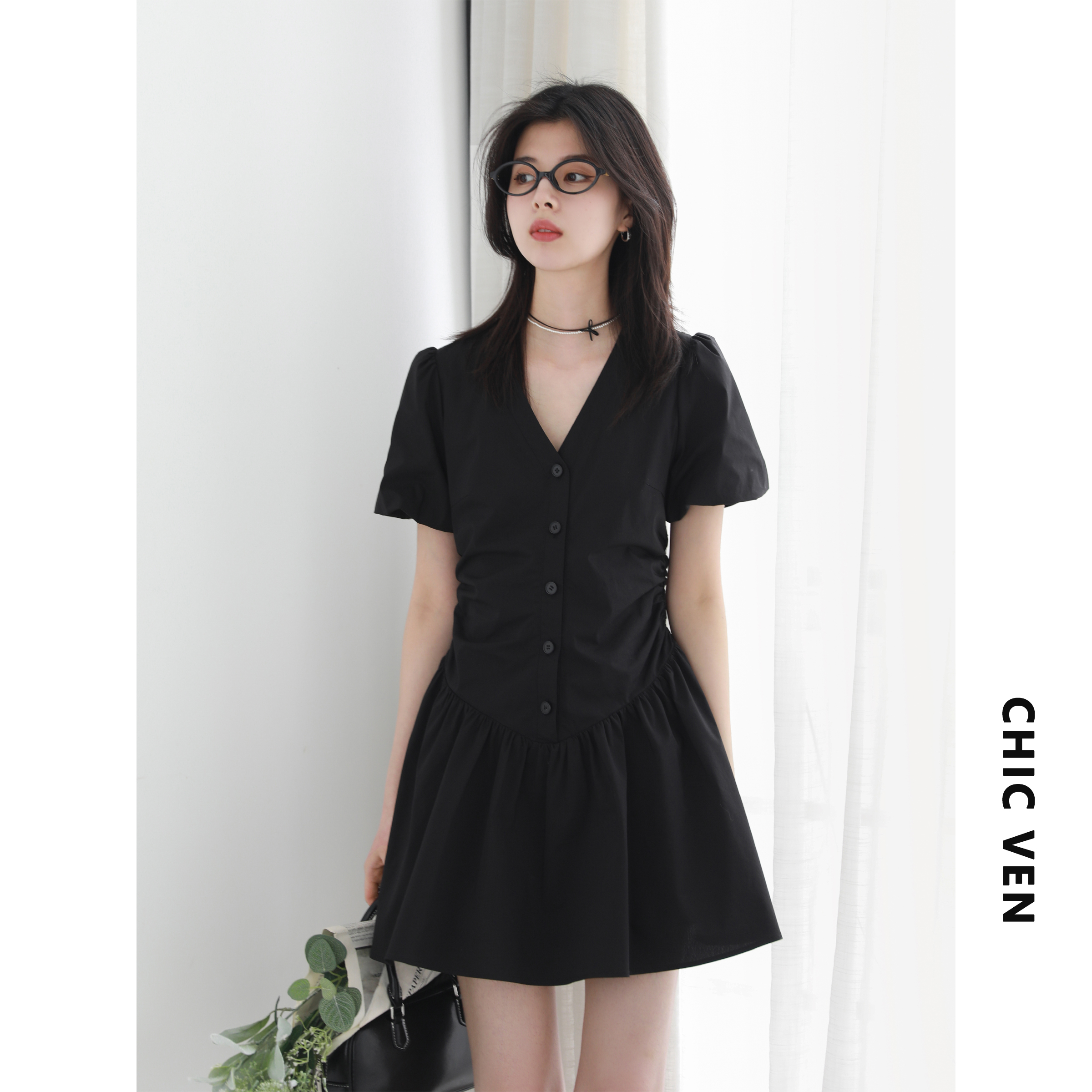 CV大码女装泡泡袖短款连衣裙女