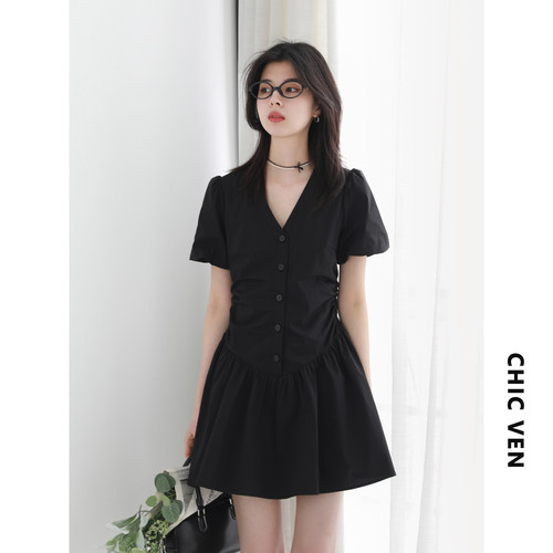 CV大码女装泡泡袖短款连衣裙女