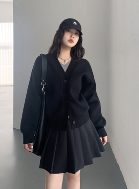 CV大码女装 春季新款小众假两件V领毛衣开衫显瘦长袖针织衫上衣女