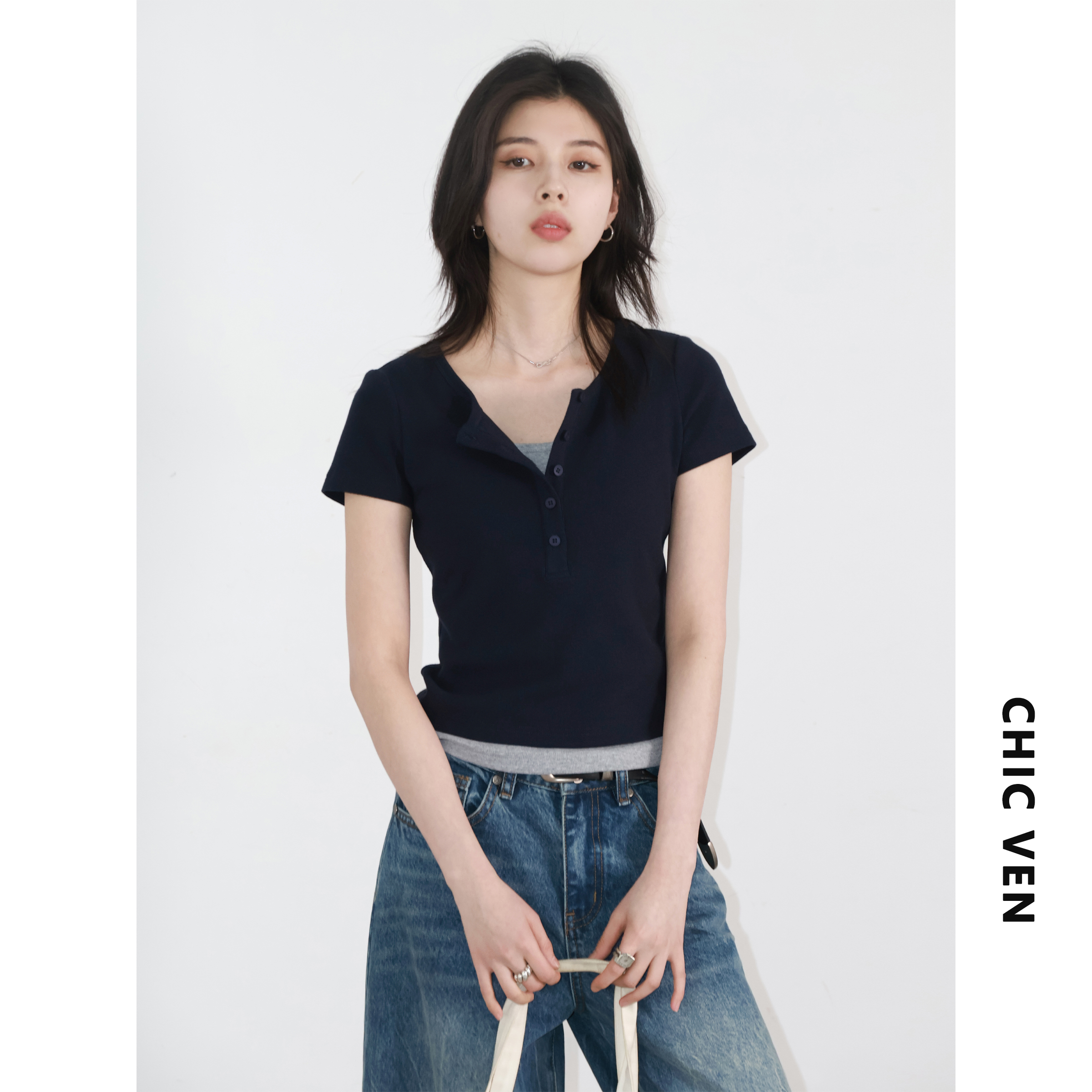 CV大码女装 夏季新款撞色假两件亨利领短袖T恤纯棉正肩上衣女胖mm