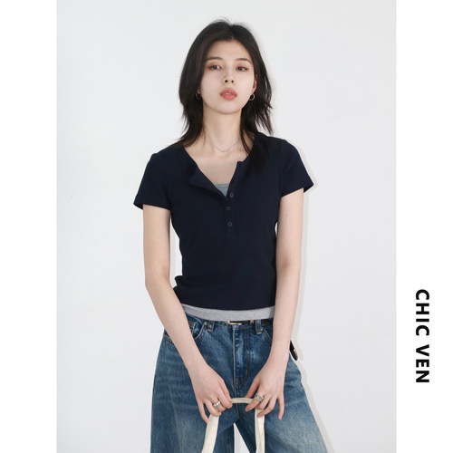 CV大码女装假两件纯棉T恤上衣女