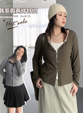 CV大码女装 春季新款韩版宽松假两件撞色金属扣吊带针织衫女胖MM