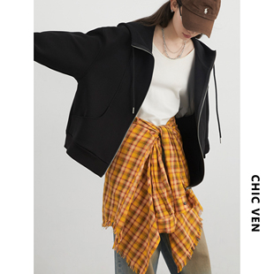 空气层抽绳连帽卫衣拉链外套bf风开衫 2026春款 女 女装 CHICVEN大码