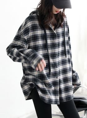 CV大码女装 初冬新款荃棉磨毛感百搭连帽格子衬衫慵懒感长袖衬衣