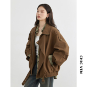 CV大码 复古仿麂皮PU机车皮衣立翻领夹克外套胖mm 新款 女装 2026春季