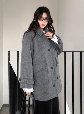 CV大码女装 冬高级感翻领羊毛毛呢外套小个子大口袋呢子大衣胖MM