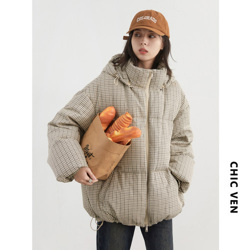 CV大码女装 冬季连帽细格纹龟背羽绒服90白鸭绒面包服外套胖MM女