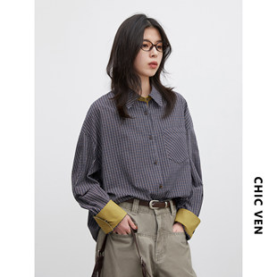 小众松弛感撞色格纹衬衫 春款 叠穿宽松纯棉衬衣女 女装 chicven大码