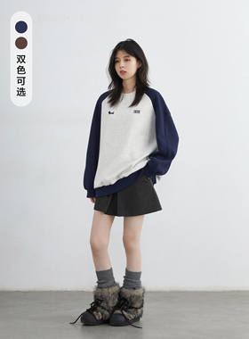 CV大码女装冬新款圆领撞色拼接腊肠狗字母刺绣宽松加绒卫衣女胖mm