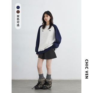 圆领撞色拼接腊肠狗字母刺绣宽松加绒卫衣女胖mm 冬新款 CV大码 女装