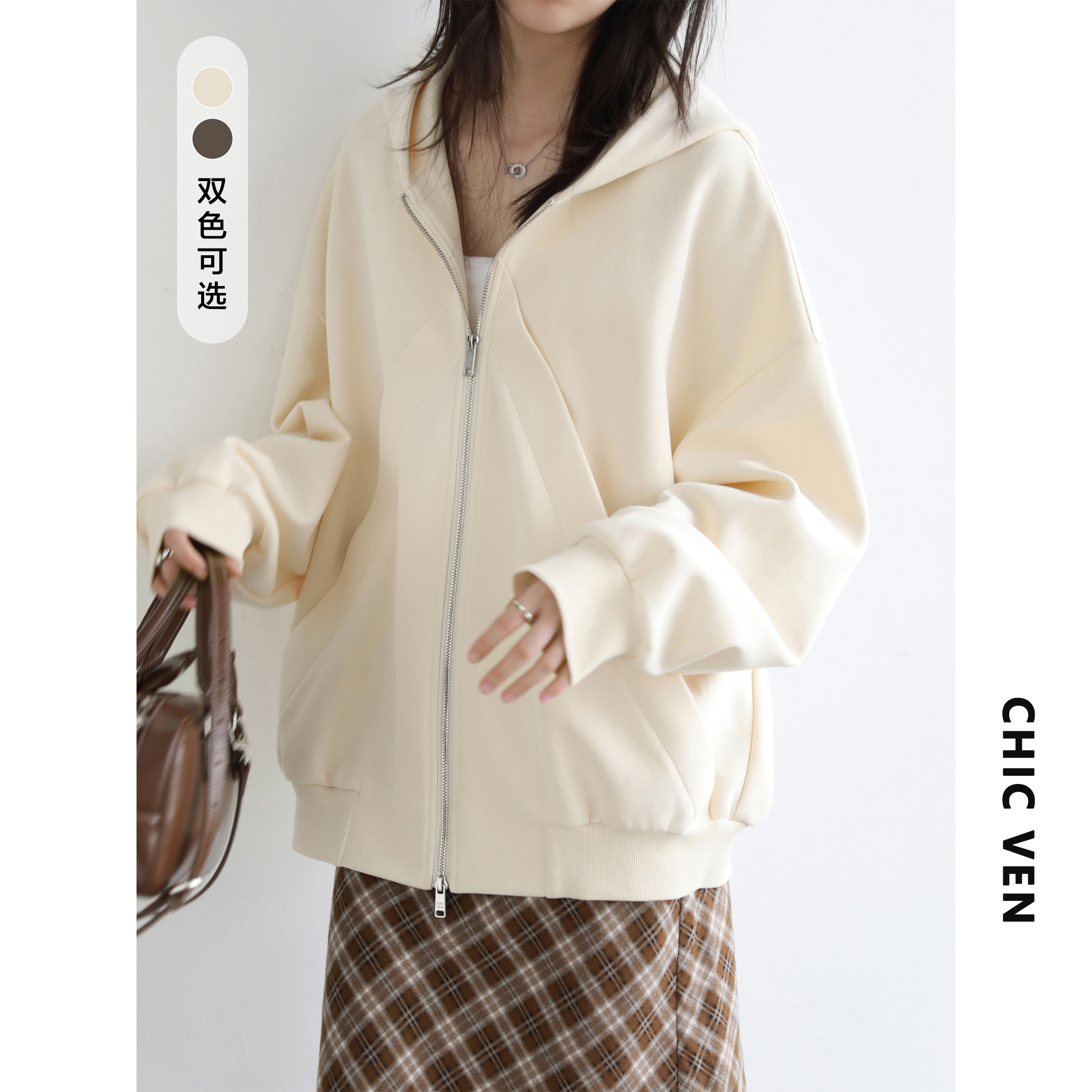 廓形感连帽卫衣开衫外套女