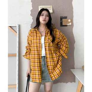 新款 夏季 美式 多巴胺荃棉黄色格子衬衫 衬衣女胖mm CV大码 情侣款 女装