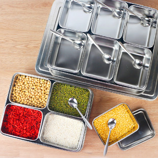 不锈钢调味盒商用厨房调料盒带盖收纳盒多格冰粉摆摊盒六格配料盒