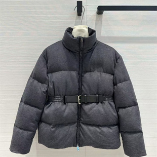 韩版新款立领皮带束腰毛呢国标90白鹅绒搭扣收腰羽绒服外套上衣女