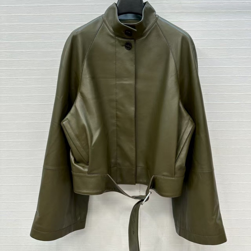 小羊皮立领调节扣束腰插肩袖皮衣