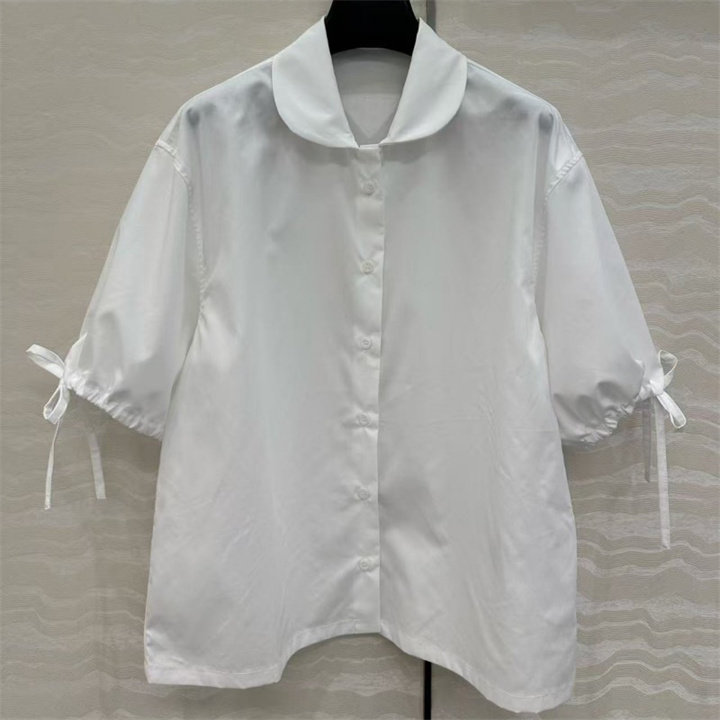 日系夏季新款进口高密度精纺抽绳灯笼袖娃娃领高腰短款衬衫上衣女