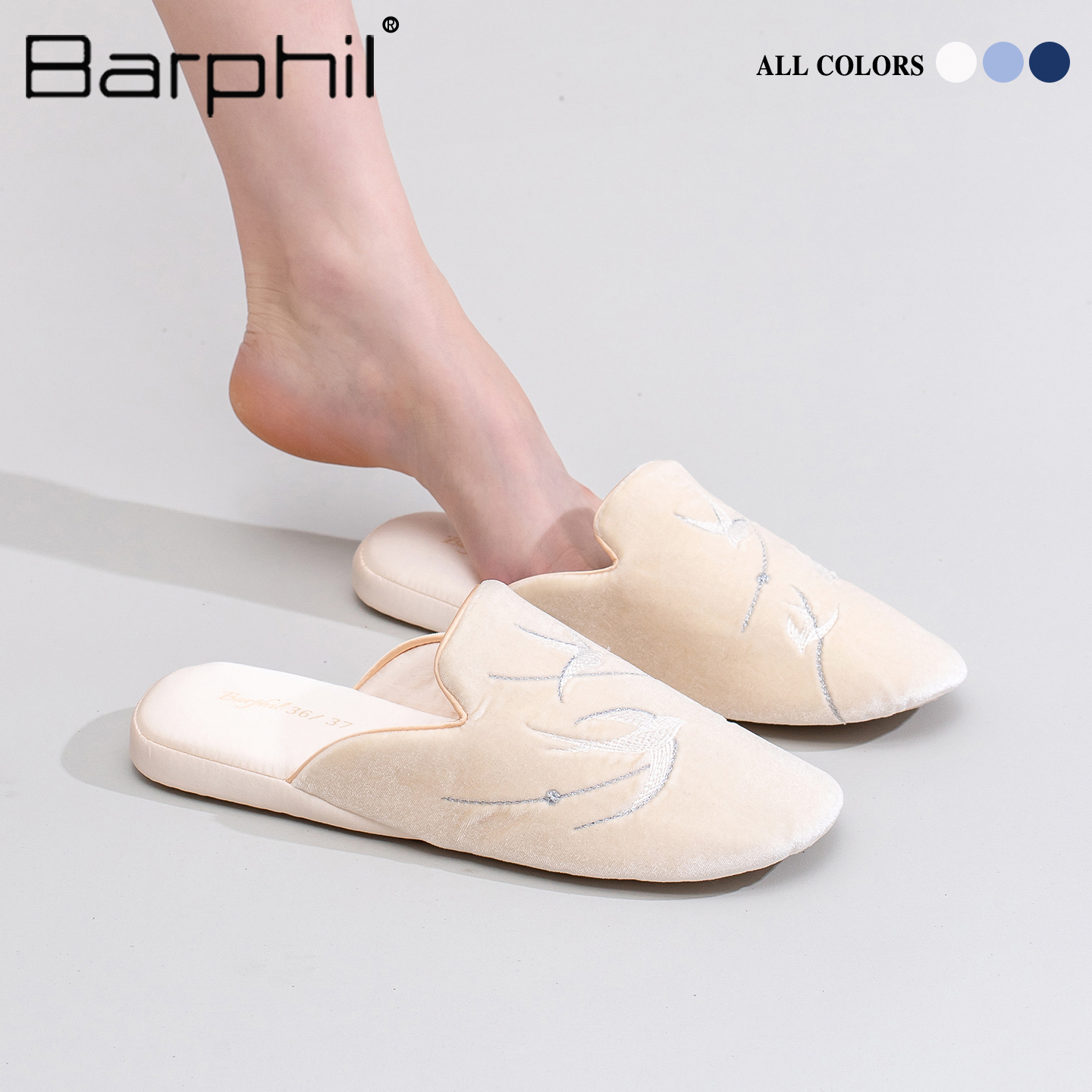 Barphil拖鞋女2025春秋新款室内家居包头软底静音刺绣轻便木地板