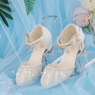 洋气小高跟配礼服走秀 水晶白色小女孩公主鞋 银色女童单鞋 女宝春季