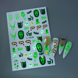 夜光万圣节美甲贴纸卡通骷髅头幽灵南瓜可爱发光蝙蝠in背胶指甲贴