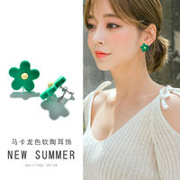 2024 New trendy girl color-blocking soft clay flower earrings, cute Korean candy-colored stud earrings and ear clips thumbnail 2