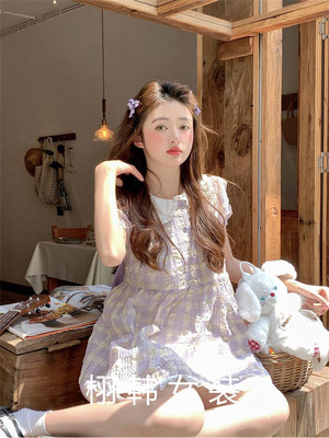 韩系甜美减龄重工蕾丝拼接娃娃领乖巧减龄泡泡袖连衣裙女夏季裙子