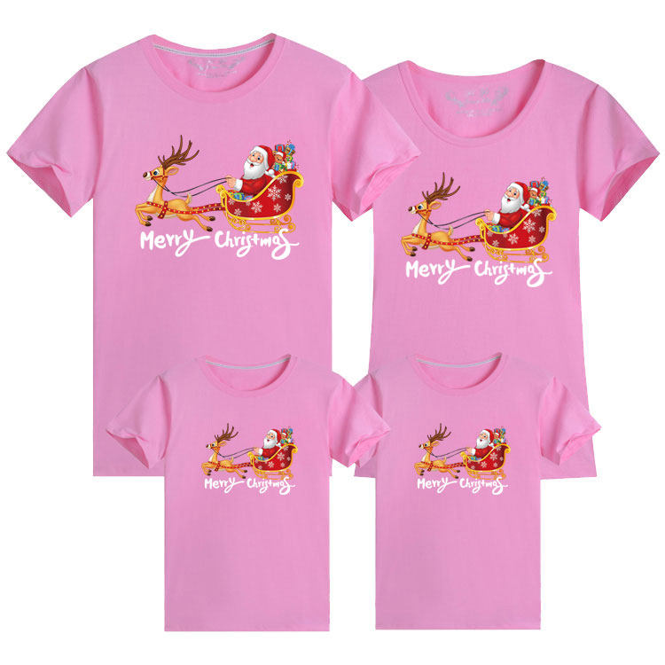 부모-자식 반팔 티셔츠 3 4인 가족 사슴이 그린 수레 크리스마스 활동 수업 교복 엄마-아들 엄마-딸 티셔츠