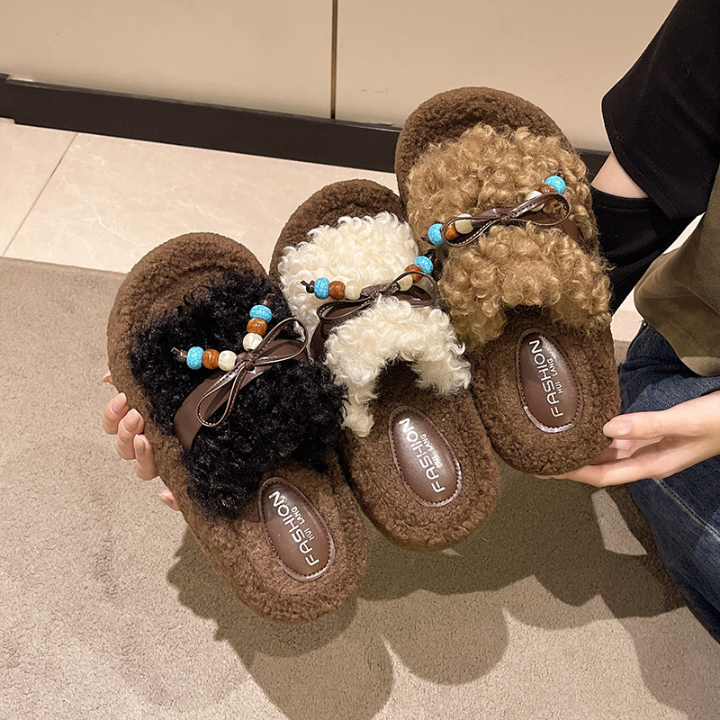 可爱卷毛串珠仙女毛绒一字拖鞋女冬时尚外穿厚底2025新款ins百搭,女鞋,一字拖,淘宝优惠券,粉丝福利购,淘宝优惠卷