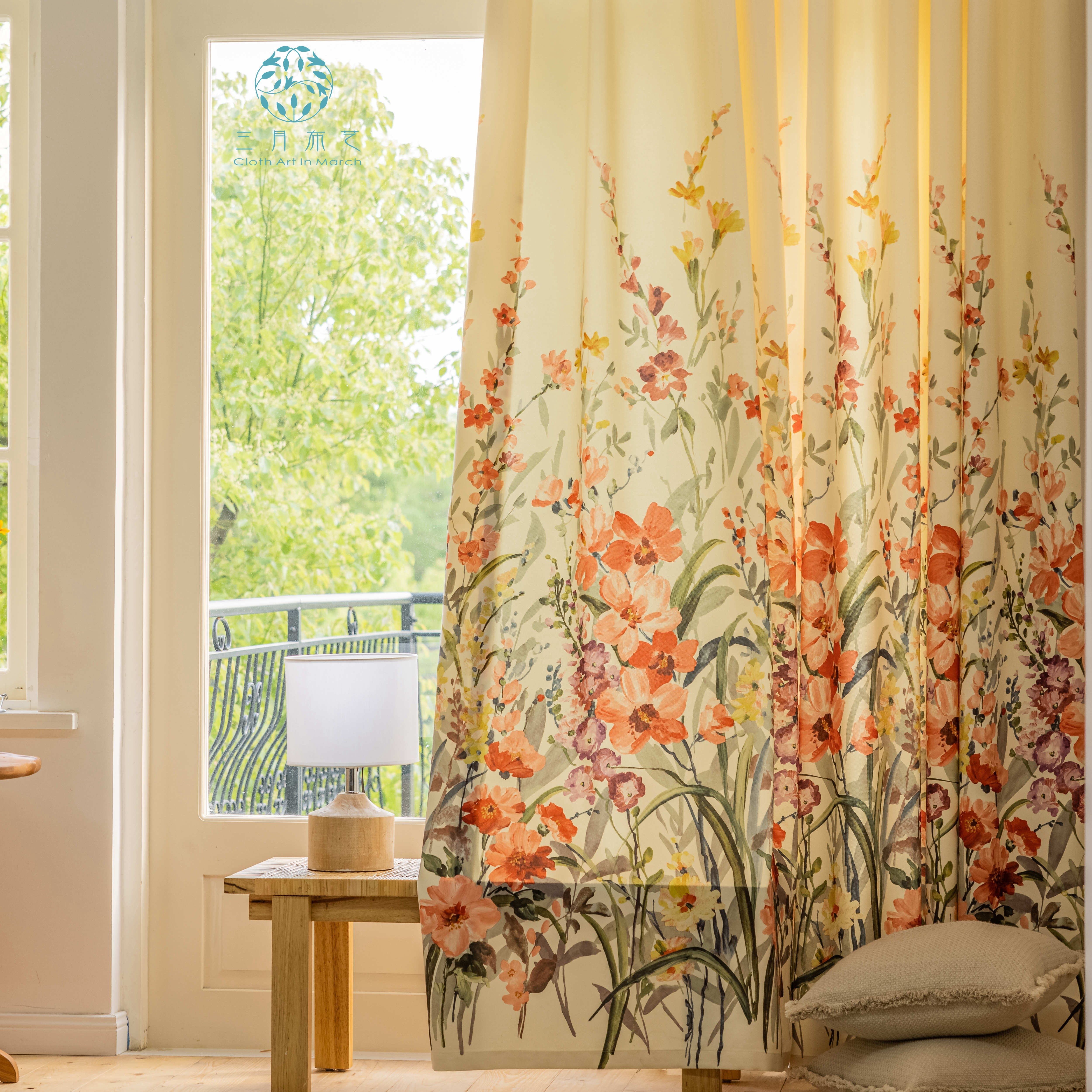北欧田园风油画窗帘ins风清新桃花卉窗帘客厅卧室书房阳台客厅帘,居家布艺,定制窗帘,淘宝优惠券,粉丝福利购,淘宝优惠卷