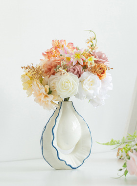 现代中式设计感皱褶小口描边青花蓝色水培陶瓷花瓶桌面装饰品摆件