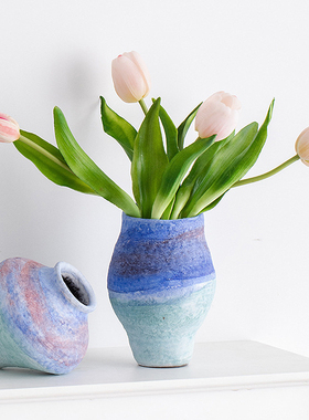 现代简约艺术设计感渐变蓝色粗陶小花器高颜值侘寂风民宿装饰摆件