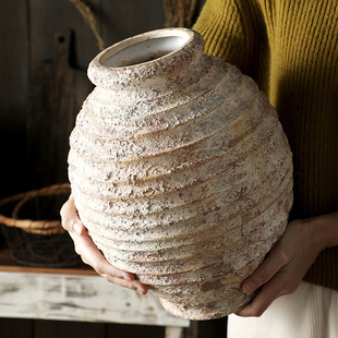 现代复古破旧禅意侘寂风粗陶罐花器民宿客厅桌面艺术感装饰品摆件