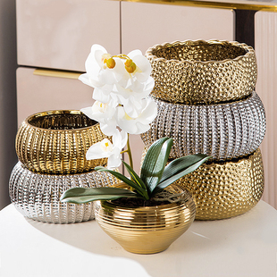 现代轻奢高级感电镀金色陶瓷水培水仙兰花盆客厅玄关桌面装饰摆件
