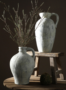 复古侘寂风水泥灰色单耳粗陶罐花器干花插花瓶民宿酒店装饰品摆件