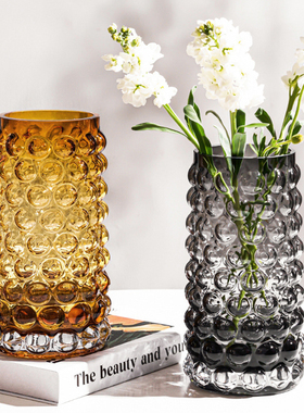 现代简约北欧透明灰色琥珀色玻璃花器客厅餐厅桌面水培插花瓶摆件