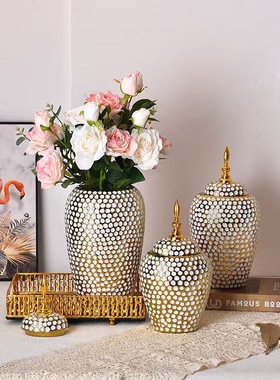 欧式美式电镀金色陶瓷装饰罐摆件