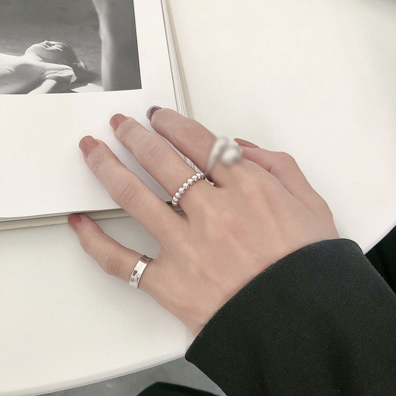 韩版S925银冷淡风简约戒指女复古时尚水滴光圈圆珠开口指环食指戒