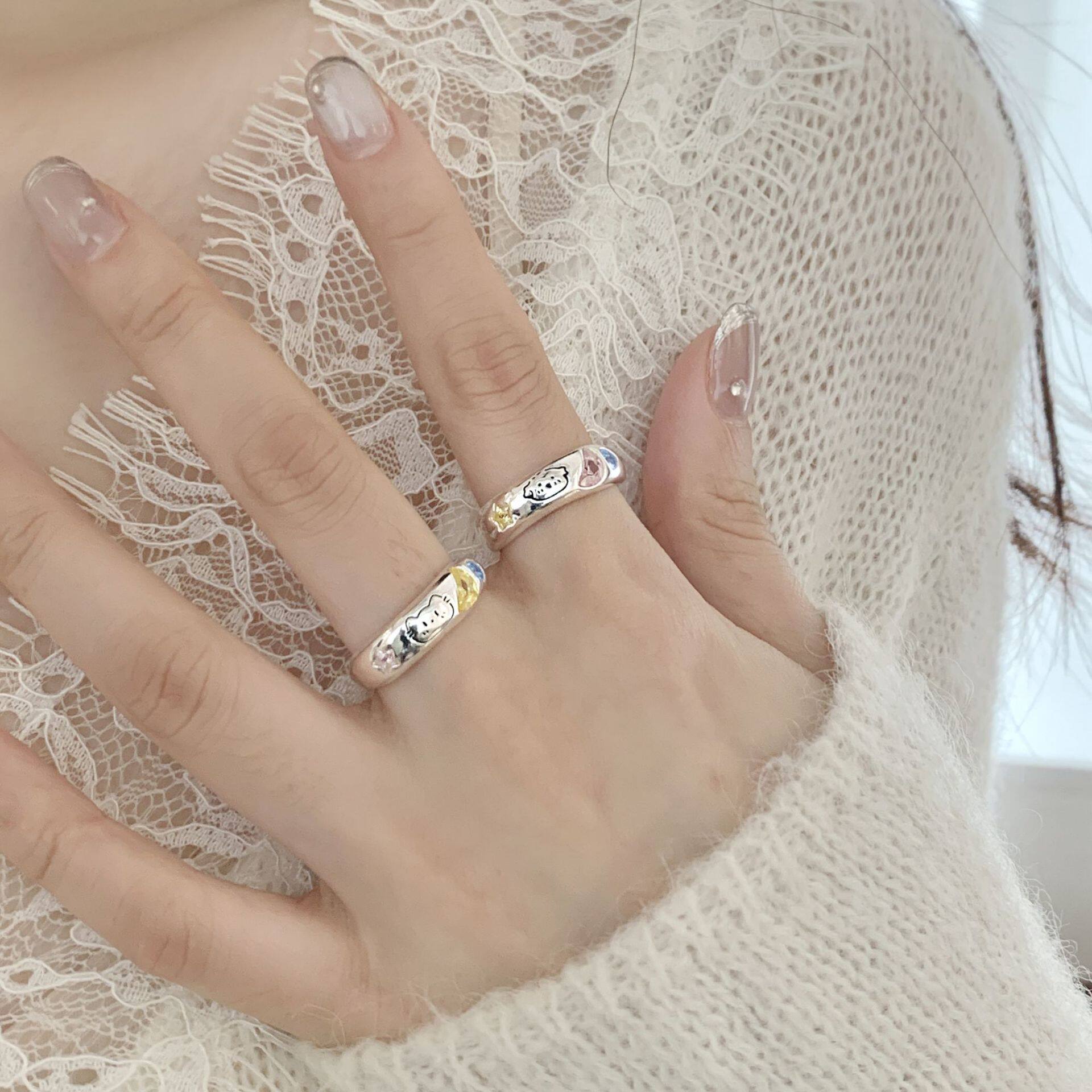 S925银饰品可爱小猫小狗对戒指女简约卡通猫爪星星开口指环百搭叠