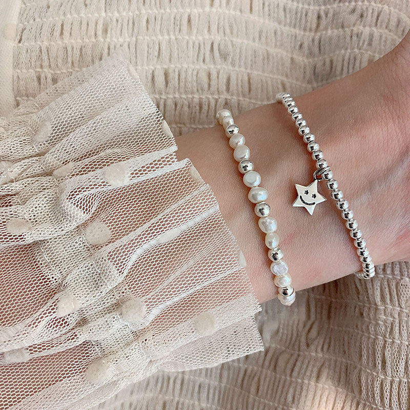 S925银饰品韩版圆珠弹力手链女复古时尚爱心星星仿珍珠手环气质创