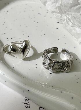S925银饰品褶皱爱心戒指女甜酷风叠戴嘻哈个性开口指环街拍达人食