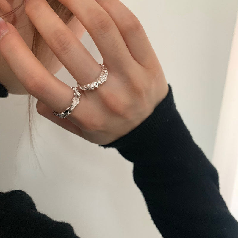 S925银饰品韩版不规则锡箔纸戒指女复古创意凹凸异形开口指环食指