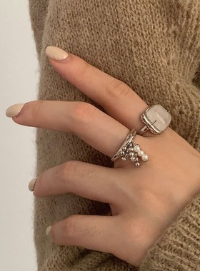 甜美叠戴仿珍珠流苏吊坠戒指女几何方块开口指环个性食指戒潮