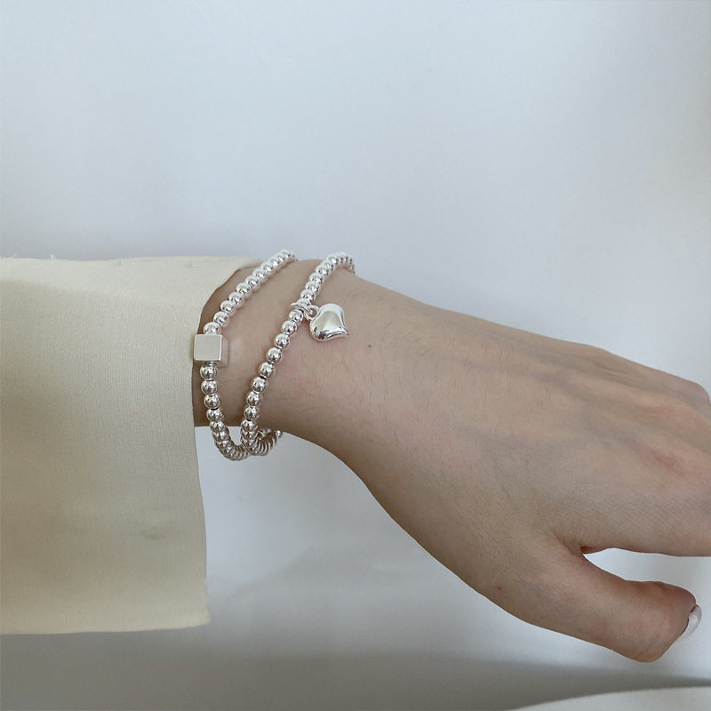S925银饰品韩版几何圆珠手链女复古时尚叠戴气质爱心手环弹力手饰