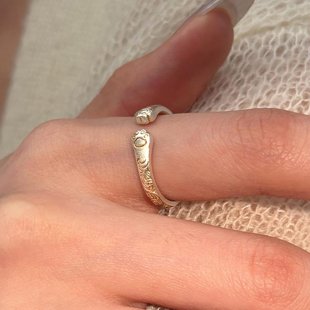 S925银饰品精致猫爪童趣戒指女新中式ins风设计感开口指环小众轻