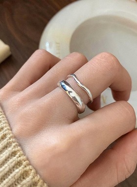 双层波浪锤纹凹凸戒指女简约冷淡风百搭S925镀银开口指环食指戒潮