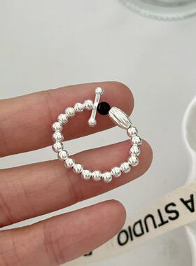 S925银饰品韩版几何圆珠戒指女黑色串珠设计感小众个性创意时尚食