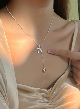 包邮甜美蝴蝶结项链女简约气质叠戴爱心S925镀银锁骨链网红毛衣颈