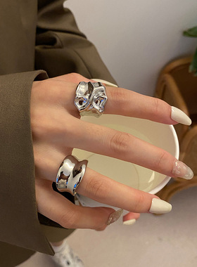 韩版S925银个性夸张凹凸戒指女复古时尚嘻哈朋克不规则开口食指环