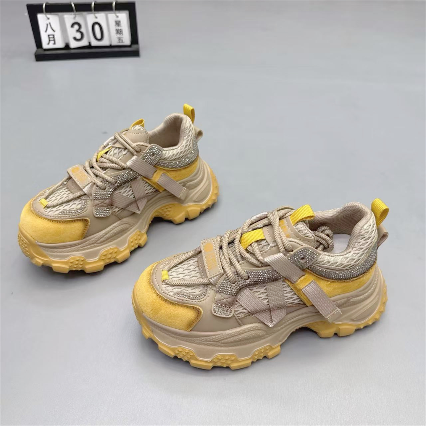 真皮女鞋韩版厚底增高水钻老爹鞋